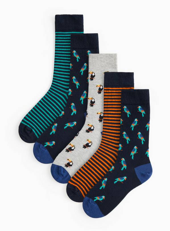 Stripe & Bird Print Ankle Socks 5 Pack 9-12